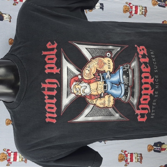Y2K North Pole Choppers Santa Claus Biker graphic design LG black & red t-shirt - Picture 1 of 6